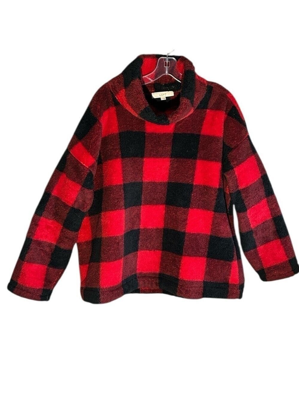 Loft Plush Fleece Buffalo Check Red and Black Plaid Funnel Neck Pullover XL - Picture 2 of 7